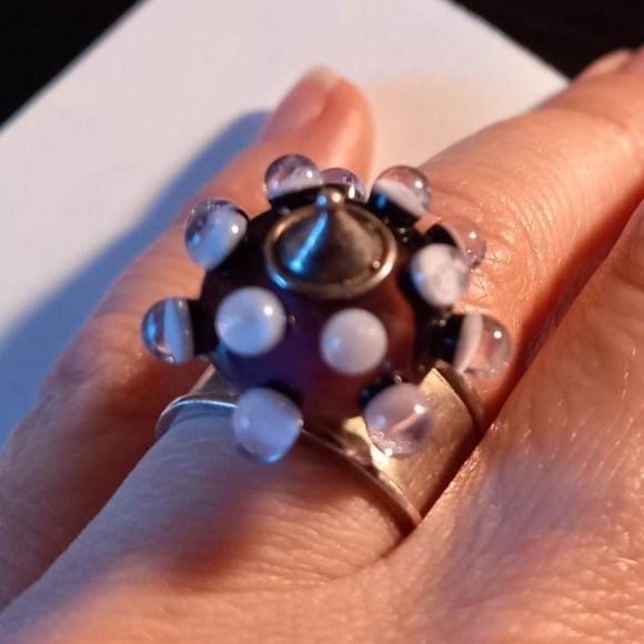 Funky Handblown Glass Bead and Silver Ring - Picture 1 of 5